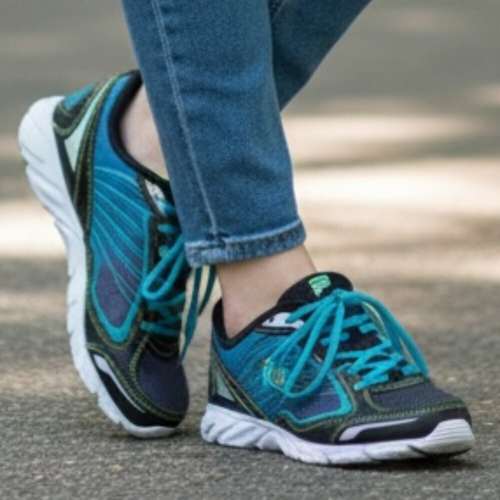 Fila Women's Black Neon Blue Lace Up DLS Foam Cool Max‎ Running Shoes Sz 7 #215i